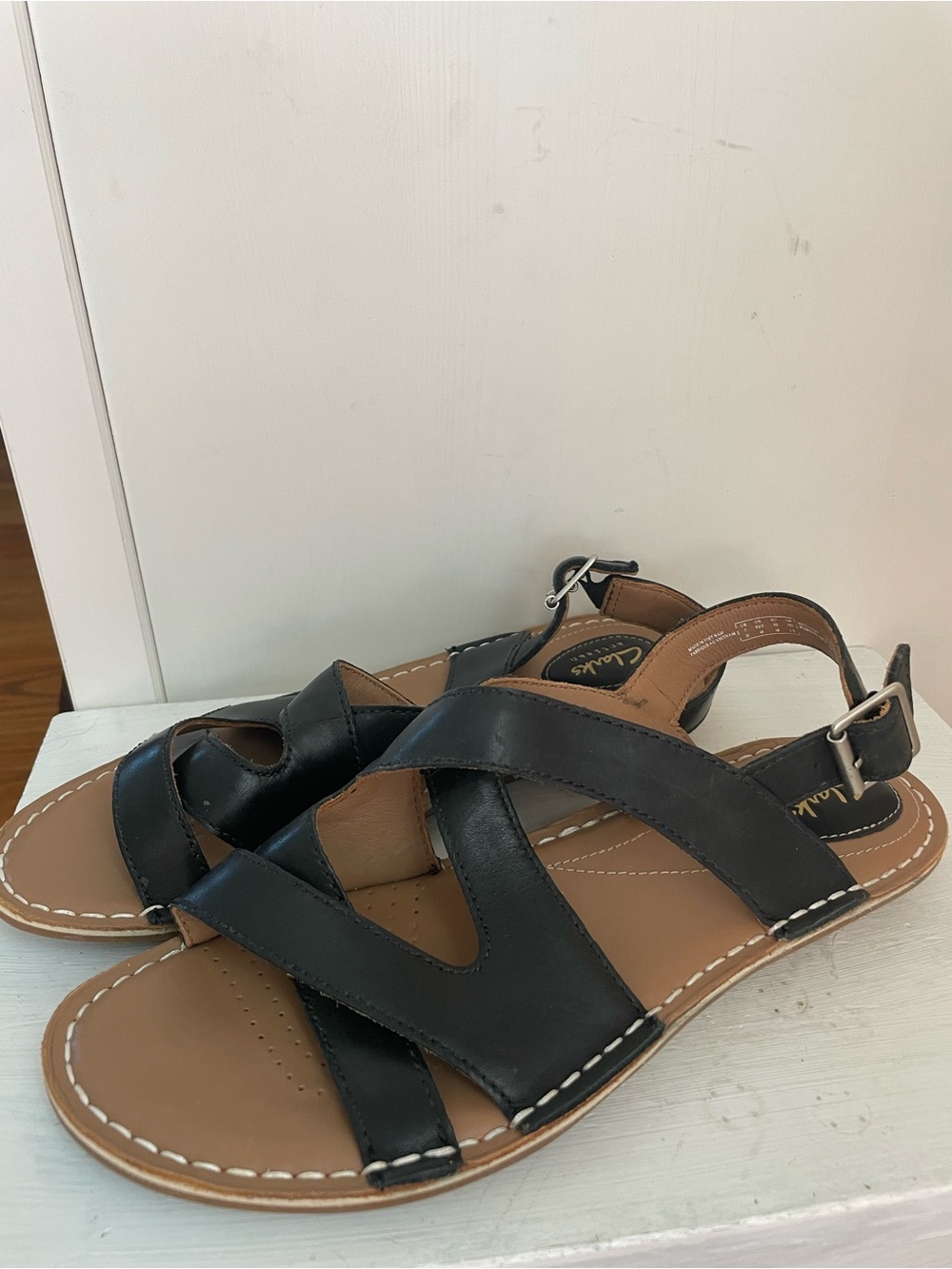 Clarks Black Leather Crisscross Slingback Sandals